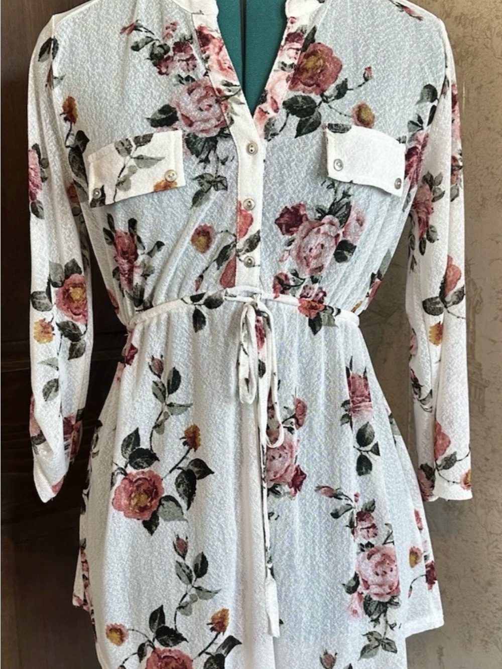 Siren Lily White Floral Button-Front Tie-Waist Tunic Maternity